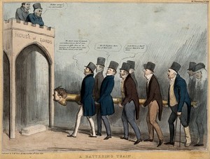view Lord Lyndhurst and the Duke of Wellington high up in a building inscribed "House of Lords" peer down at a group of politicians carrying a battering ram with the head of Daniel O'Connell. Coloured lithograph by H.B. (John Doyle), 1836.