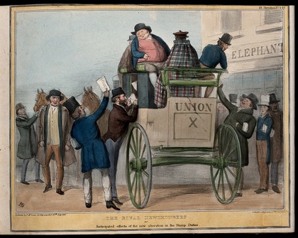 Marquess of Londonderry, Sir Roger Gresley and Daniel O'Connell attempt to sell newspapers to John Bull, Sauney and Paddy, passengers on a coach. Coloured lithograph by H.B. (John Doyle), 1836.