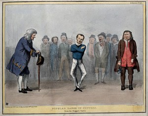 view Lord John Russell in fetters, as Filch, dances while Daniel O'Connell, on the left, represents Peachum and Joseph Hume, on the right, Lockitt. Coloured lithograph by H.B. (John Doyle), 1836.