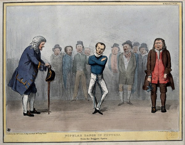 Lord John Russell in fetters, as Filch, dances while Daniel O'Connell, on the left, represents Peachum and Joseph Hume, on the right, Lockitt. Coloured lithograph by H.B. (John Doyle), 1836.