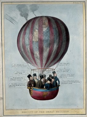 A hot-air balloon with the visage of Daniel O'Connell carrying a basket of conservative ministers. Coloured lithograph by H.B. (John Doyle), 1836.