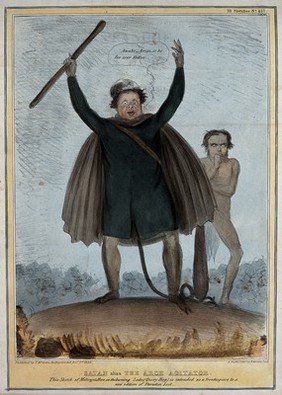 Daniel O'Connell transmuted into the form of Satan stands arms aloft with Shiel behind him. Coloured lithograph by H.B. (John Doyle), 1836.