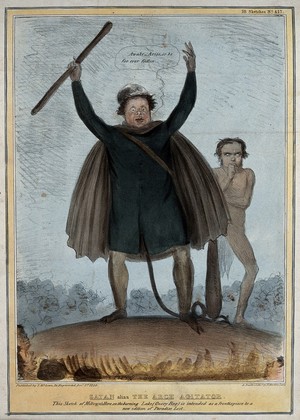 view Daniel O'Connell transmuted into the form of Satan stands arms aloft with Shiel behind him. Coloured lithograph by H.B. (John Doyle), 1836.