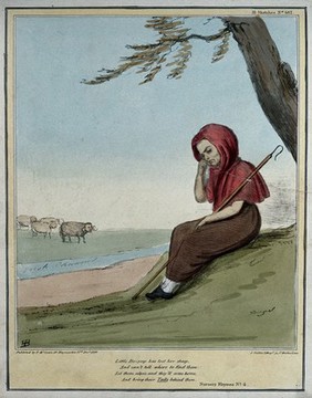 Lord John Russell, leader of the House, dressed as a shepherdess, sits crying; in the background, across from a stretch of water inscribed "Irish channel" are a flock of sheep and a ram with the head of Daniel O'Connell. Coloured lithograph by H.B. (John Doyle), 1836.