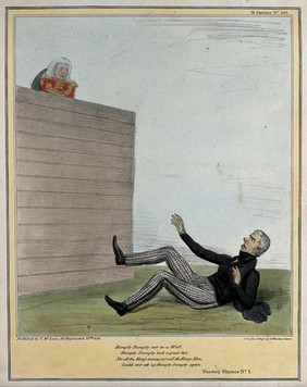 Behind a high wall is the bewigged figure of Lord Cottenham, below on his back, as if having fallen, is Lord Brougham. Coloured lithograph by H.B. (John Doyle), 1836.