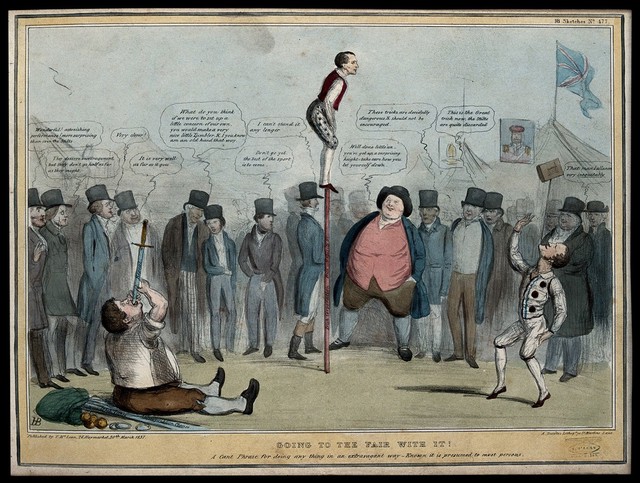 British politicians as acrobats at a fair: performances by Lord John Russell balancing on a pole inscribed "Irish corporation billl...", Daniel O'Connell swallowing a sword inscribed "Repeal", and Thomas Spring-Rice balancing on his chin an object with a picture of a church, watched by political onlookers. Coloured lithograph by H.B. (John Doyle), 1837.