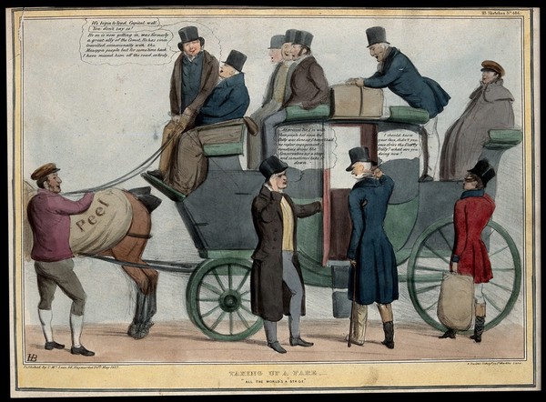 Lord Stanley holds open the door of a coach to Sir Francis Burdett with Sir Robert Peel as the driver. Coloured lithograph by H.B. (John Doyle), 1837.