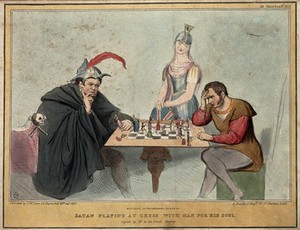 view Daniel O'Connell plays chess with Lord Melbourne while Britannia watches. Coloured lithograph by H.B. (John Doyle), 1837.