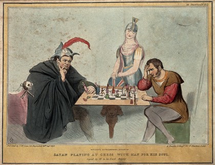 Daniel O'Connell plays chess with Lord Melbourne while Britannia watches. Coloured lithograph by H.B. (John Doyle), 1837.