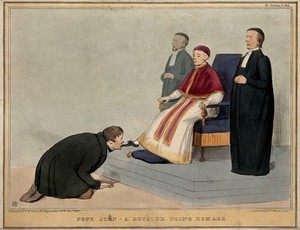 view Daniel O'Connell devoutly kisses the foot of Lord John Russell, leader of the House, dressed as the Pope and seated on a papal throne. Coloured lithograph by H.B. (John Doyle), 1837.
