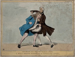 view A fist-fight between Lord Brougham and Lord Melbourne as Peachum and Lockit. Coloured lithograph by H.B. (John Doyle), 1837.