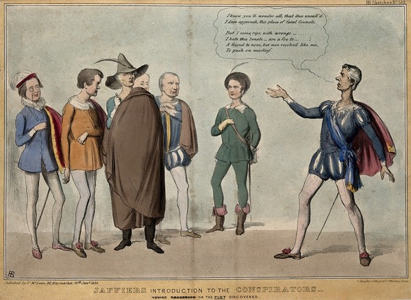 Lord Brougham dressed as Jaffier addresses a group of radical politicians including J.A. Roebuck, Whittle Harvey, Sir William Molesworth, Charles Buller and Joseph Hume. Coloured lithograph by H.B. (John Doyle), 1838.