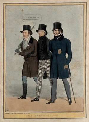 view Lord Ellenborough, Lord Brougham and the Earl of Mansfield walk together arm in arm. Coloured lithograph by H.B. (John Doyle), 1838.