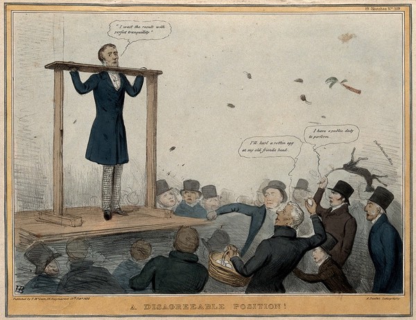 Lord Glenelg stands in the stocks and receives a hail of rubbish. Coloured lithograph by H.B. (John Doyle), 1838.