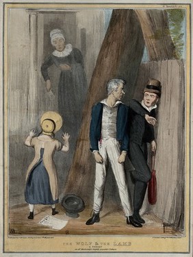 Lord Brougham, a bully, picks on Lord Melbourne while a girl in a bonnet summons an elderly woman with the face of the Duke of Wellington. Coloured lithograph by H.B. (John Doyle), 1838.