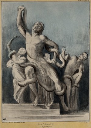 view The antique statue of Laocoön: Lord Melbourne as Laocoön, Lord John Russell and Thomas Spring-Rice as the two sons, entwined by two serpents with the faces of Lords Brougham and Lyndhurst. Coloured lithograph by H.B. (John Doyle), 1838.