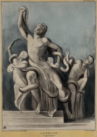 The antique statue of Laocoön: Lord Melbourne as Laocoön, Lord John Russell and Thomas Spring-Rice as the two sons, entwined by two serpents with the faces of Lords Brougham and Lyndhurst. Coloured lithograph by H.B. (John Doyle), 1838.
