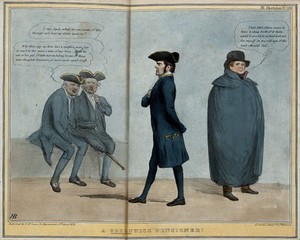 view Shiel walks past two old sailors, one with a wooden leg, who make remarks about him as Daniel O'Connell stands by wrapped in a cloak. Coloured lithograph by H.B. (John Doyle), 1838.
