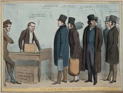 Sir Robert Peel leads a queue for a coach but is told by the keeper of the coach-office, James Abercromby (Speaker of the House of Commons) that the coach has already gone. Coloured lithograph by H.B. (John Doyle), 1838.