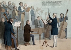 view The Duke of Wellington conducts an orchestra comprising of conservative government ministers. Coloured lithograph by H.B. (John Doyle), 1838.