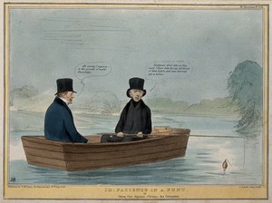 view Lord Brougham fishes from a boat with Charles Phillips. Coloured lithograph by H.B. (John Doyle), 1838.