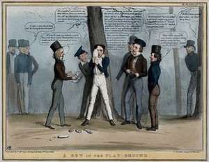 view Lord Durham stands nursing his eye from a missile inscribed "act of indemnity" thrown by Lord Brougham who stands to the far right behind a tree. Coloured lithograph by H.B. (John Doyle), 1838.