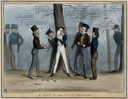 Lord Durham stands nursing his eye from a missile inscribed "act of indemnity" thrown by Lord Brougham who stands to the far right behind a tree. Coloured lithograph by H.B. (John Doyle), 1838.