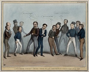 view Lord Durham, surrounded by schoolboy politicians, is victimised in a game and jostled by Lord Melbourne. Coloured lithograph by H.B. (John Doyle), 1838.