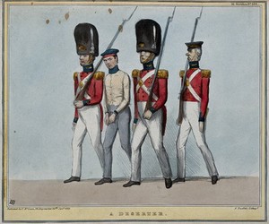 view Handcuffed Lord Durham is guarded by Lord Melbourne and the Duke of Wellington as grenadiers and Lord Melbourne as a light-infantryman. Coloured lithograph by H.B. (John Doyle), 1839.