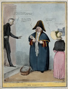 Dressed as a parish beadle John Bull carries a bundle inscribed "letter to the Queen" to the door of Lord Brougham. Coloured lithograph by H.B. (John Doyle), 1839.