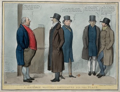 Lord Brougham applies to John Bull for the position of coachman. Coloured lithograph by H.B. (John Doyle), 1839.