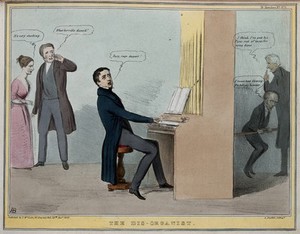 view Lord Durham plays the organ and J.A. Roebuck pumps the bellows while Queen Victoria and Lord Melbourne listen. Coloured lithograph by H.B. (John Doyle), 1839.