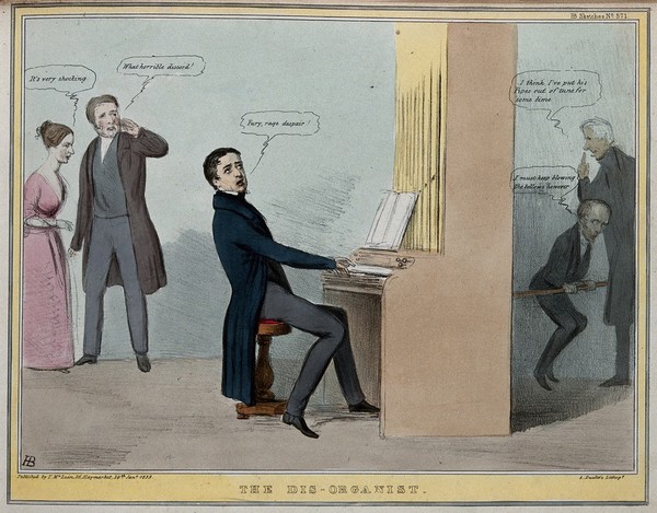 Lord Durham plays the organ and J.A. Roebuck pumps the bellows while Queen Victoria and Lord Melbourne listen. Coloured lithograph by H.B. (John Doyle), 1839.