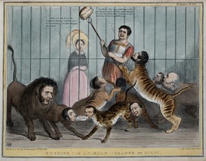 view Daniel O'Connell about to feed a loaf of bread to a cage full of big cats with the heads of politicians, Queen Victoria looks on. Coloured lithograph by H.B. (John Doyle), 1839.