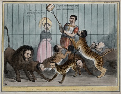 Daniel O'Connell about to feed a loaf of bread to a cage full of big cats with the heads of politicians, Queen Victoria looks on. Coloured lithograph by H.B. (John Doyle), 1839.