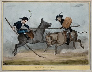 view Lord Durham and Lord Brougham jousting, Durham about to be unseated. Coloured lithograph by H.B. (John Doyle), 1839.