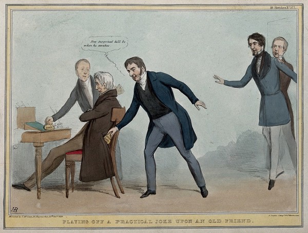 As Lord Glenelg slumbers in a chair Lord Melbourne takes from his pocket the colonial seals and Lord Duncannon takes the privy seals. Coloured lithograph by H.B. (John Doyle), 1839.