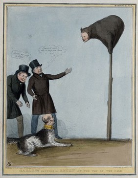 Daniel O'Connell and Joseph Hume encourage a dog with the head of Gisborne to leap at a bear with the head of Francis Bruen perching on a pole. Coloured lithograph by H.B. (John Doyle), 1839.