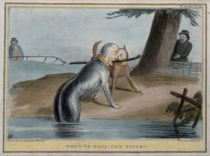 view A large dog, emerging from the water, with the head of the Duke of Wellington, and a smaller dog with the head of Lord John Russell, both tug a stick inscribed "committee Ireland", while John Bull and Daniel O'Connell, the respective owners, are waiting in the background. Coloured lithograph by H.B. (John Doyle), 1839.