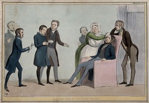 view Lord John Russell cuts a plaster while the Marquess of Normanby sits in a chair with an ill countenance, Daniel O'Connell nursing his head. Coloured lithograph by H.B. (John Doyle), 1839.