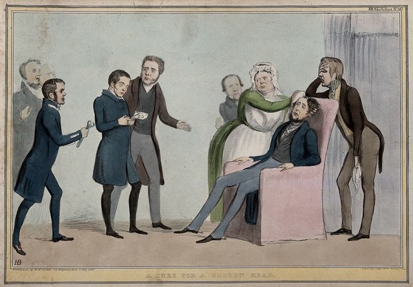Lord John Russell cuts a plaster while the Marquess of Normanby sits in a chair with an ill countenance, Daniel O'Connell nursing his head. Coloured lithograph by H.B. (John Doyle), 1839.