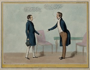 view Lord John Russell addresses Sir Robert Peel on the subject of his "friend" the Marquess of Normanby. Coloured lithograph by H.B. (John Doyle), 1839.