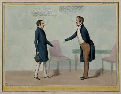 Lord John Russell addresses Sir Robert Peel on the subject of his "friend" the Marquess of Normanby. Coloured lithograph by H.B. (John Doyle), 1839.