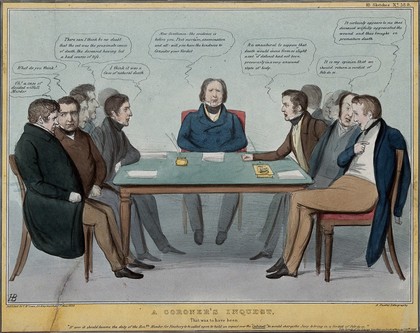 A group of politicians debate at a coroner's inquest whether Lord Melbourne's temporary resignation was equivalent to murder or to suicide. Coloured lithograph by H.B. (John Doyle), 1839.