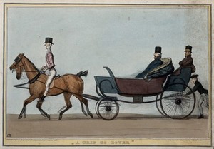 view The Duke of Wellington rides in an open top carriage with Sir Thomas Burdett as the postillion, Lord Lyndhurst in the rumble and Lord Brougham at the rear. Coloured lithograph by H.B. (John Doyle), 1839.