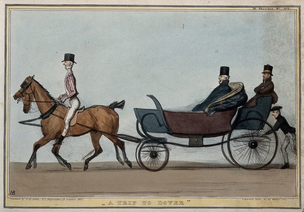 The Duke of Wellington rides in an open top carriage with Sir Thomas Burdett as the postillion, Lord Lyndhurst in the rumble and Lord Brougham at the rear. Coloured lithograph by H.B. (John Doyle), 1839.