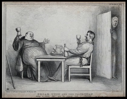 Daniel O'Connell as a fat friar in merry company with Lord Melbourne the sacristan, as Lord Brougham sneaks a look from behind a door. Lithograph by H.B. (John Doyle), 1839.