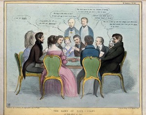 view Seated at a card table are Queen Victoria and Prince Albert with Lord Normanby and Daniel O'Connell at the ends. Coloured lithograph by H.B. (John Doyle), 1839.