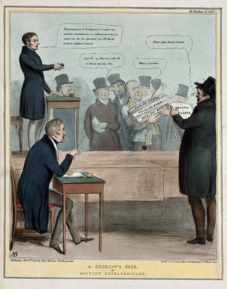 Lord John Russell, as an auctioneer with Sir Robert Peel as his clerk, auction a bundle of papers inscribed "law of libel", "trial by jury" and "bill of rights"; Daniel O'Connell, a prospective bidder, examines a paper marked "Magna Charta". Coloured lithograph by H.B. (John Doyle), 1840.