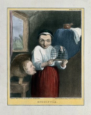 view A cat with the head of Sir Robert Peel gazes at a cage trap containing the Sheriff of Middlesex, Evans, held by Lord John Russell. Coloured lithograph by H.B. (John Doyle), 1840.